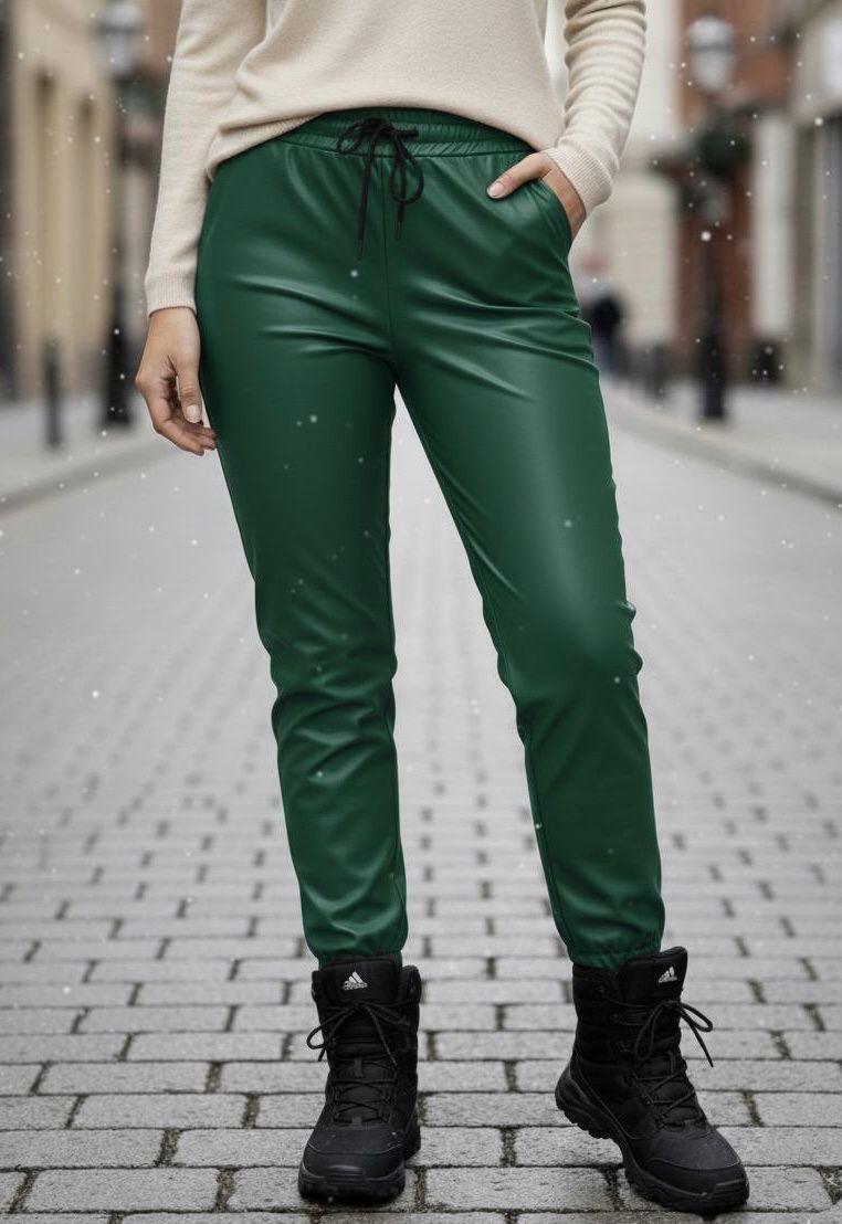 Pantaloni vătuiți din piele ecologică, elastici, cu buzunare Maya