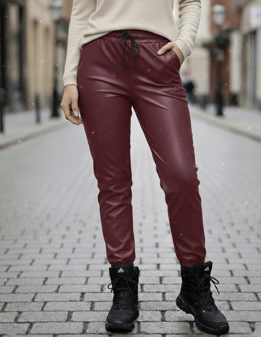 Pantaloni vătuiți din piele ecologică, elastici, cu buzunare Maya