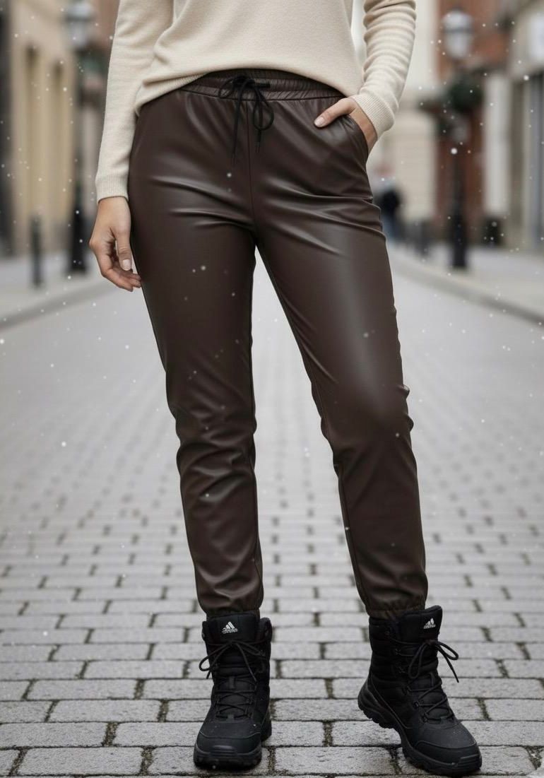 Pantaloni vătuiți din piele ecologică, elastici, cu buzunare Maya