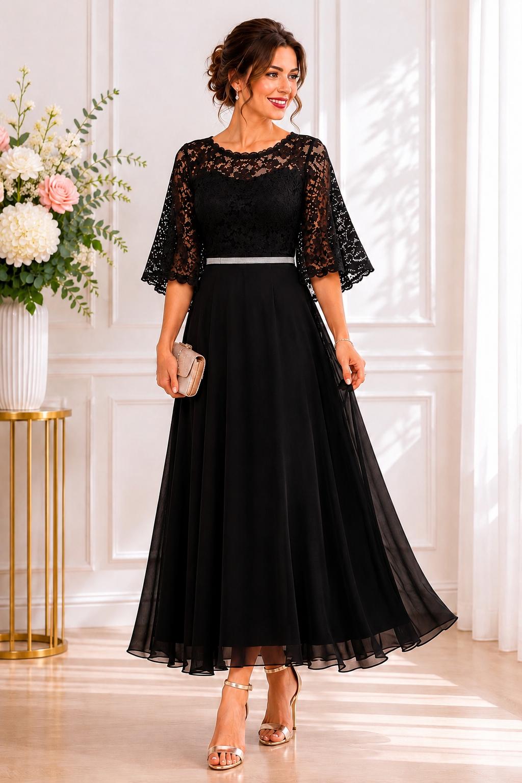 Rochie de Ocazie Dyva cu Bust din Dantelă și Mâneci Clopot