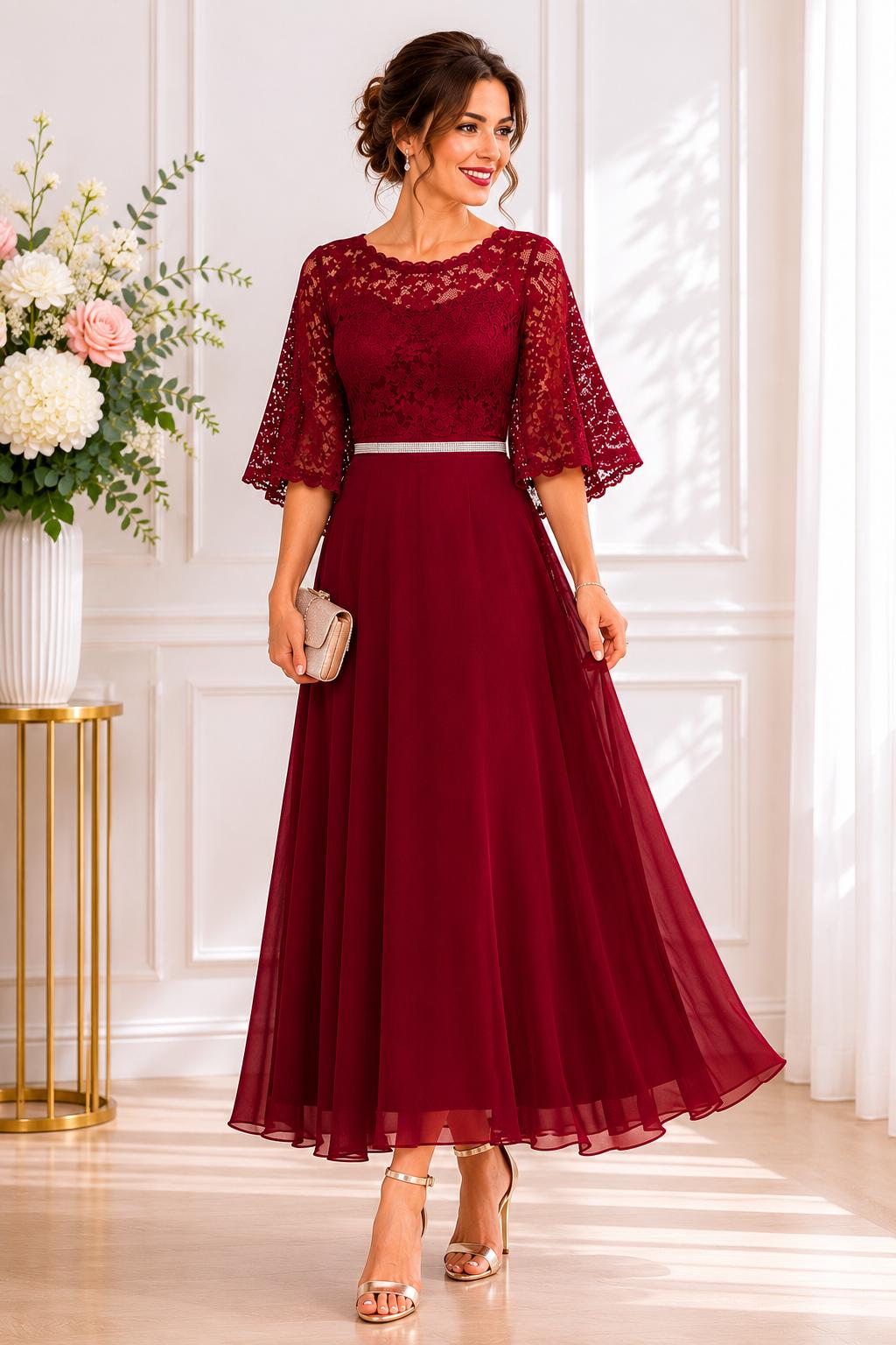 Rochie de Ocazie Dyva cu Bust din Dantelă și Mâneci Clopot