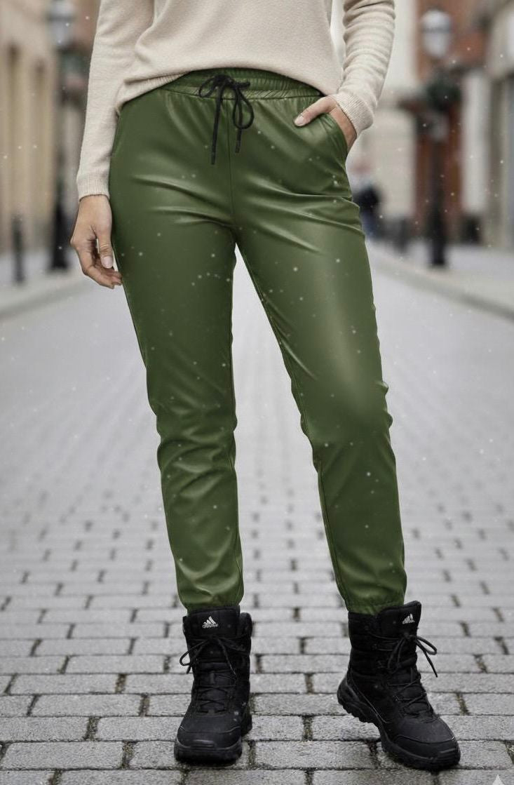 Pantaloni vătuiți din piele ecologică, elastici, cu buzunare Maya