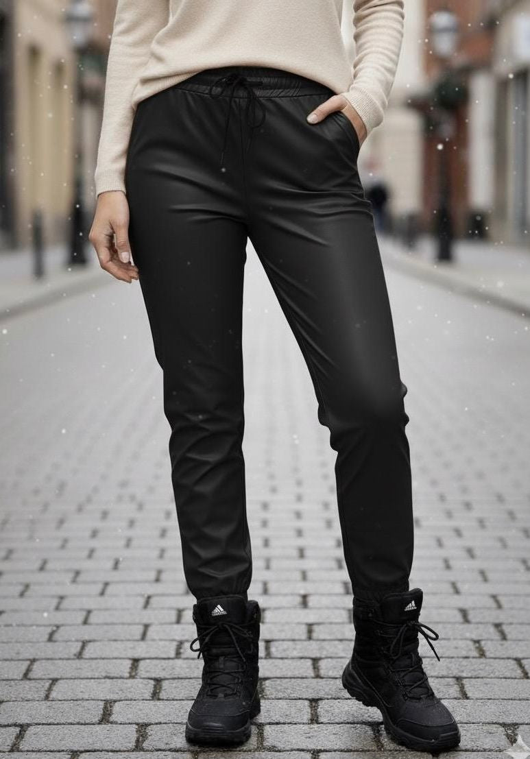 Pantaloni vătuiți din piele ecologică, elastici, cu buzunare Maya