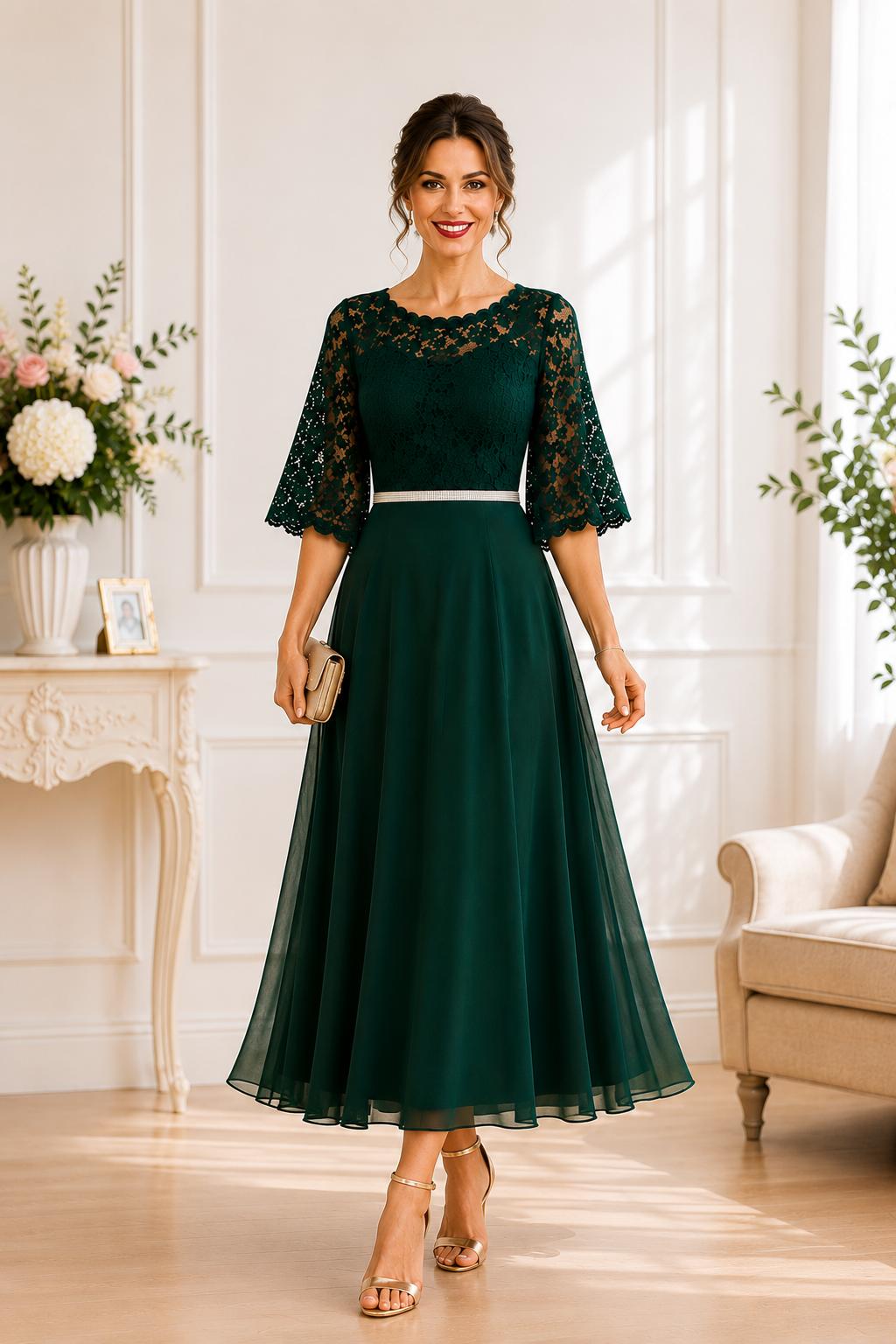 Rochie de Ocazie Dyva cu Bust din Dantelă și Mâneci Clopot