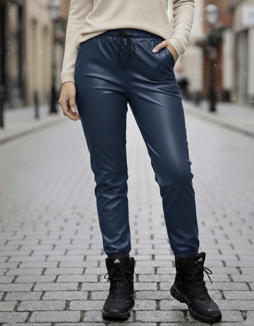 Pantaloni vătuiți din piele ecologică, elastici, cu buzunare Maya