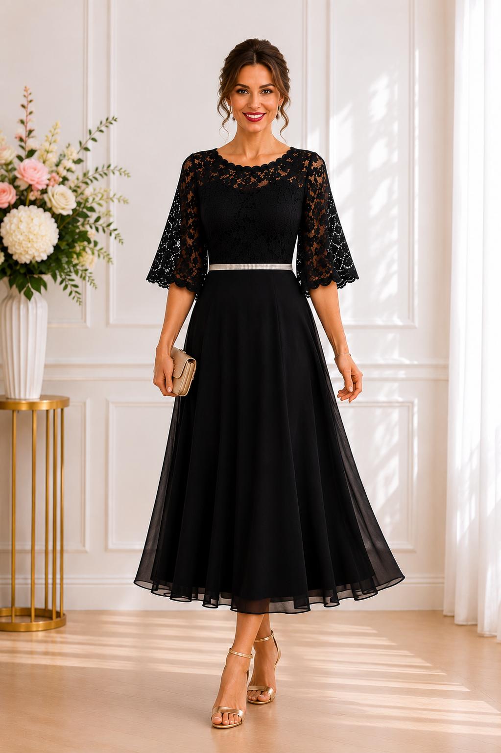 Rochie de Ocazie Dyva cu Bust din Dantelă și Mâneci Clopot