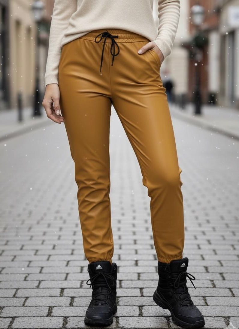 Pantaloni vătuiți din piele ecologică, elastici, cu buzunare Maya