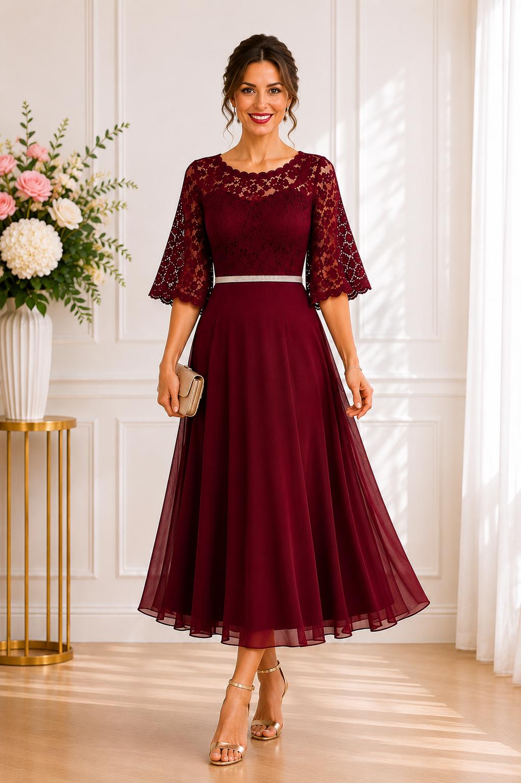 Rochie de Ocazie Dyva cu Bust din Dantelă și Mâneci Clopot